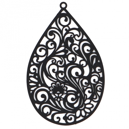 Picture of 5 PCs Iron Based Alloy Filigree Stamping Pendants Black Matte Drop Filigree Painted 55mm x 34mm