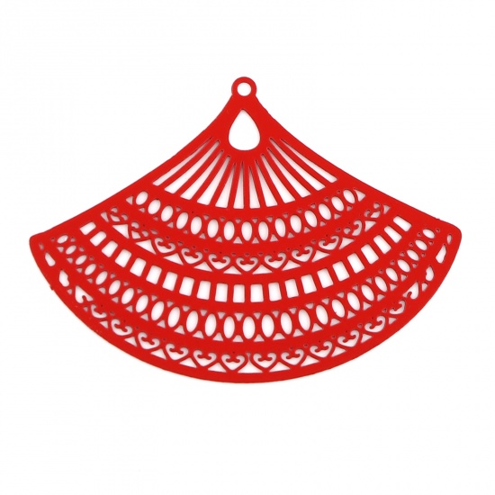 Picture of 5 PCs Iron Based Alloy Filigree Stamping Pendants Red Matte Fan-shaped Painted 53mm x 38mm