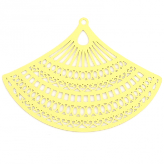 Picture of 5 PCs Iron Based Alloy Filigree Stamping Pendants Yellow Matte Fan-shaped Painted 53mm x 38mm