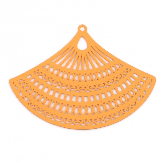 Picture of 5 PCs Iron Based Alloy Filigree Stamping Pendants Orange Matte Fan-shaped Painted 53mm x 38mm