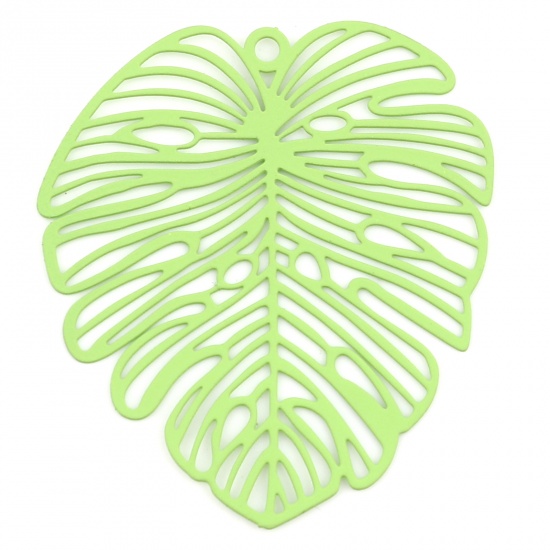Picture of 5 PCs Iron Based Alloy Filigree Stamping Pendants Neon Green Matte Monstera Leaf Painted 49mm x 44mm
