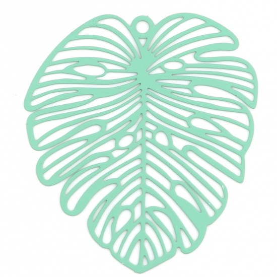 Picture of 5 PCs Iron Based Alloy Filigree Stamping Pendants Green Matte Monstera Leaf Painted 49mm x 44mm