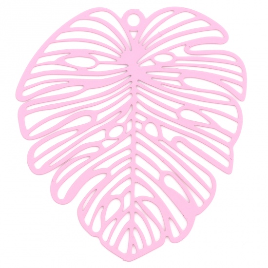 Picture of 5 PCs Iron Based Alloy Filigree Stamping Pendants Pink Matte Monstera Leaf Painted 49mm x 44mm