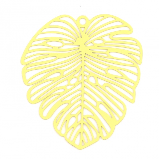 Picture of 5 PCs Iron Based Alloy Filigree Stamping Pendants Yellow Matte Monstera Leaf Painted 49mm x 44mm