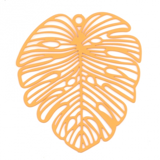 Picture of 5 PCs Iron Based Alloy Filigree Stamping Pendants Orange Matte Monstera Leaf Painted 49mm x 44mm
