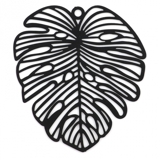 Picture of 5 PCs Iron Based Alloy Filigree Stamping Pendants Black Matte Monstera Leaf Painted 49mm x 44mm