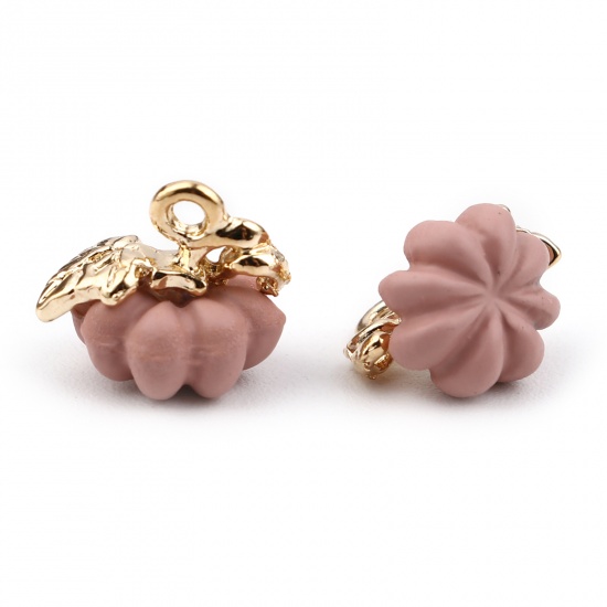 Picture of Zinc Based Alloy & Acrylic Charms Pumpkin Gold Plated Dark Pink 13mm x 11mm, 5 PCs