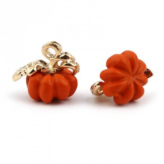 Picture of Zinc Based Alloy & Acrylic Charms Pumpkin Gold Plated Orange 13mm x 11mm, 5 PCs