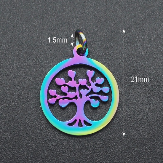 Picture of Stainless Steel Charms Round Multicolor Tree 21mm x 15mm, 1 Piece