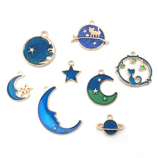 Image de Breloques Galaxie en Alliage de Zinc Demi Lune Bleu Etoile à Strass Transparent 1 Kit ( 8 Pcs/Kit)