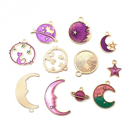 Image de Breloques Galaxie en Alliage de Zinc Demi Lune Violet Etoile à Strass Transparent 1 Kit ( 8 Pcs/Kit)