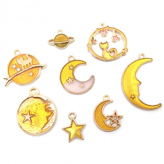 Image de Breloques Galaxie en Alliage de Zinc Demi Lune Jaune Etoile à Strass Transparent 1 Kit ( 24 Pcs/Kit)