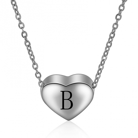 Picture of 304 Stainless Steel Necklace Silver Tone Heart Message " B " 45cm(17 6/8") long, 1 Piece
