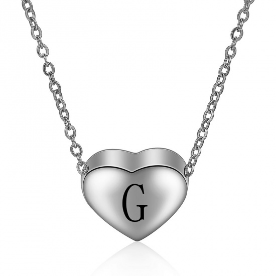 Picture of 304 Stainless Steel Necklace Silver Tone Heart Message " G " 45cm(17 6/8") long, 1 Piece