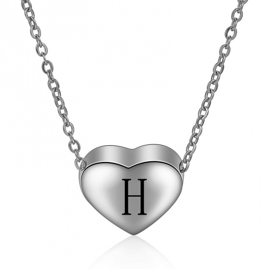 Picture of 304 Stainless Steel Necklace Silver Tone Heart Message " H " 45cm(17 6/8") long, 1 Piece