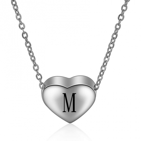 Picture of 304 Stainless Steel Necklace Silver Tone Heart Message " M " 45cm(17 6/8") long, 1 Piece