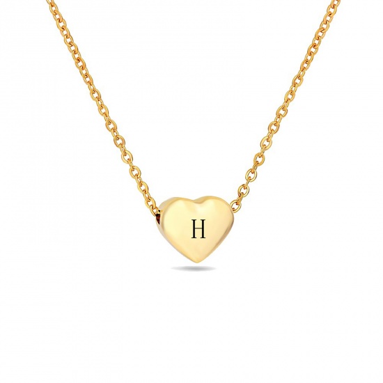 Picture of 304 Stainless Steel Necklace Gold Plated Heart Message " H " 45cm(17 6/8") long, 1 Piece