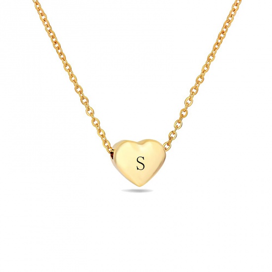 Picture of 304 Stainless Steel Necklace Gold Plated Heart Message " S " 45cm(17 6/8") long, 1 Piece