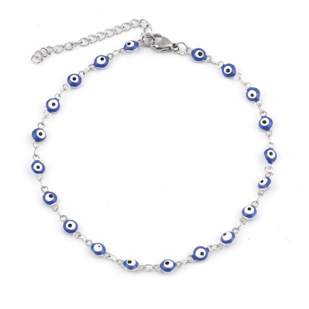 Bild von Großhandel Böser Blick Evil Eye Blau Emaille 304 Edelstahl Handgefertigte Gliederkette Fußketten, Silberfarbe Frauen Religiös Stilvoll Geschenk Schmuckbedarf, 23cm lang, 1 Strang