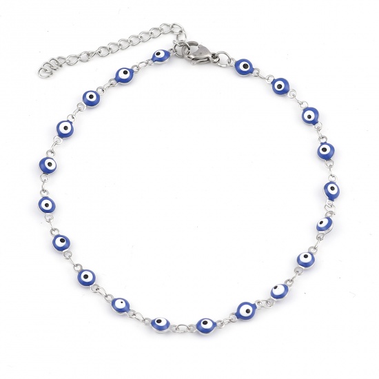 Picture of 304 Stainless Steel Religious Anklet Silver Tone Blue Enamel Round Evil Eye 23cm(9") long, 1 Piece