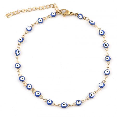 Bild von Großhandel Böser Blick Evil Eye Blau Emaille 304 Edelstahl Handgefertigte Gliederkette Fußketten, Vergoldet Vakuumbeschichtung, Frauen Religiös Stilvoll Geschenk Schmuckbedarf, 23cm lang, 1 Strang