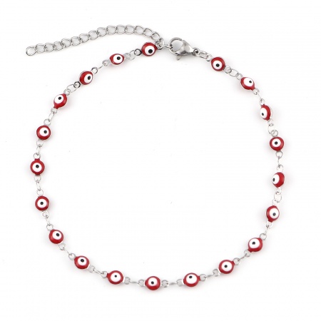 Bild von Großhandel Böser Blick Evil Eye Rot Emaille 304 Edelstahl Handgefertigte Gliederkette Fußketten, Silberfarbe Frauen Religiös Stilvoll Geschenk Schmuckbedarf, 23cm lang, 1 Strang