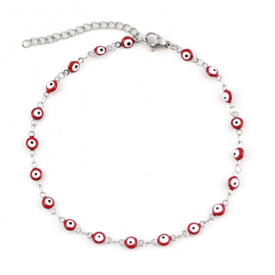 Picture of 304 Stainless Steel Religious Anklet Silver Tone Red Enamel Round Evil Eye 23cm(9") long, 1 Piece