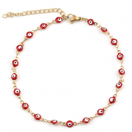 Bild von Großhandel Böser Blick Evil Eye Rot Emaille 304 Edelstahl Handgefertigte Gliederkette Fußketten, Vergoldet Vakuumbeschichtung, Frauen Religiös Stilvoll Geschenk Schmuckbedarf, 23cm lang, 1 Strang