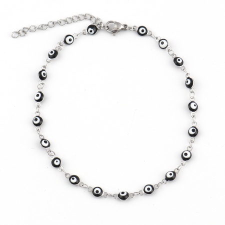 Bild von Großhandel Böser Blick Evil Eye Schwarz Emaille 304 Edelstahl Handgefertigte Gliederkette Fußketten, Silberfarbe Frauen Religiös Stilvoll Geschenk Schmuckbedarf, 23cm lang, 1 Strang