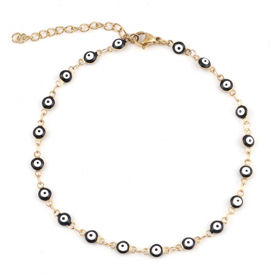 Picture of 304 Stainless Steel Religious Anklet Gold Plated Black Enamel Round Evil Eye 23cm(9") long, 1 Piece