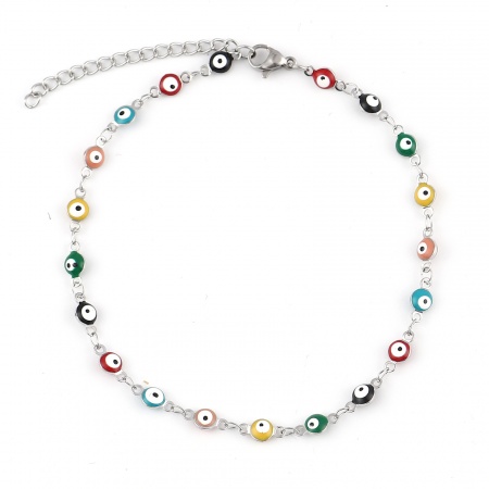 Bild von Großhandel Böser Blick Evil Eye Bunt Emaille 304 Edelstahl Handgefertigte Gliederkette Fußketten, Silberfarbe Frauen Religiös Stilvoll Geschenk Schmuckbedarf, 23cm lang, 1 Strang