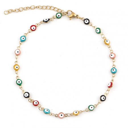 Picture of Wholesale Evil Eye Multicolor Enamel 304 Stainless Steel Handmade Link Chain Anklet, Gold Plated Vacuum Plating, Women's Religious Stylish Gift Jewelry Supply, 23cm(9") long, 1 Piece