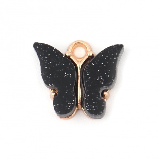 Picture of Zinc Based Alloy & Acrylic Insect Charms Butterfly Animal Gold Plated Black Glitter 14mm x 13mm, 10 PCs