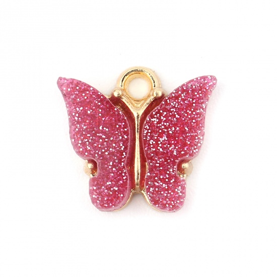 Picture of Zinc Based Alloy & Acrylic Insect Charms Butterfly Animal Gold Plated Fuchsia Glitter 14mm x 13mm, 10 PCs