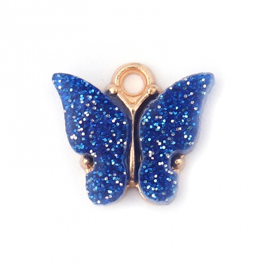 Picture of Zinc Based Alloy & Acrylic Insect Charms Butterfly Animal Gold Plated Blue Glitter 14mm x 13mm, 10 PCs