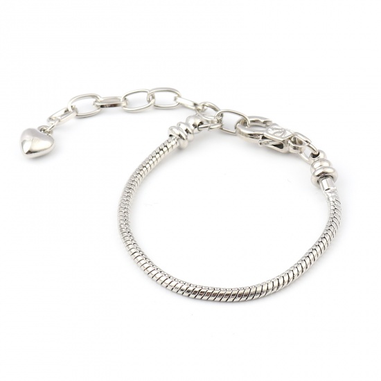 Picture of Copper Snake Chain European Style Bracelets Silver Tone Heart Can Be Screwed Off 14cm(5 4/8") long, 1 Piece
