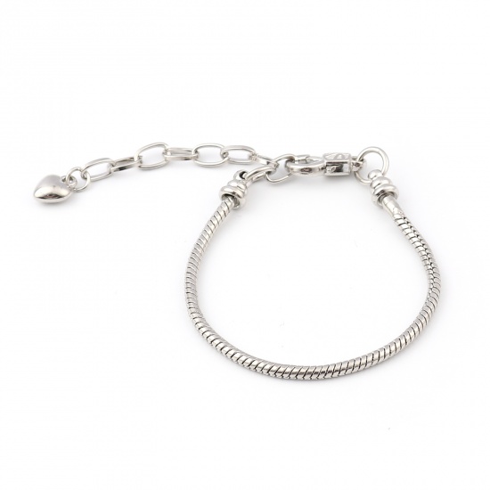 Picture of Copper Snake Chain European Style Bracelets Silver Tone Heart Can Be Screwed Off 16.5cm(6 4/8") long, 1 Piece