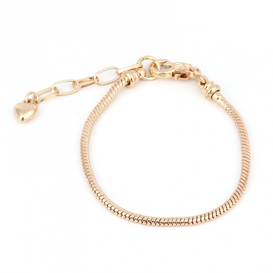 Picture of Copper Snake Chain European Style Bracelets Gold Plated Heart Can Be Screwed Off 18cm(7 1/8") long, 1 Piece