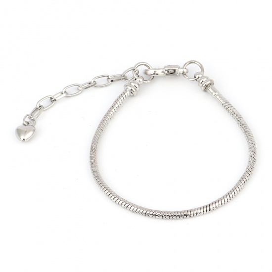 Picture of Copper Snake Chain European Style Bracelets Silver Tone Heart Can Be Screwed Off 19.5cm(7 5/8") long, 1 Piece