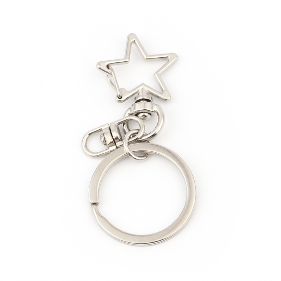 Picture of Zinc Based Alloy Keychain & Keyring Silver Tone Circle Ring Pentagram Star 6.8cm, 10 Sets ( 3 PCs/Set)
