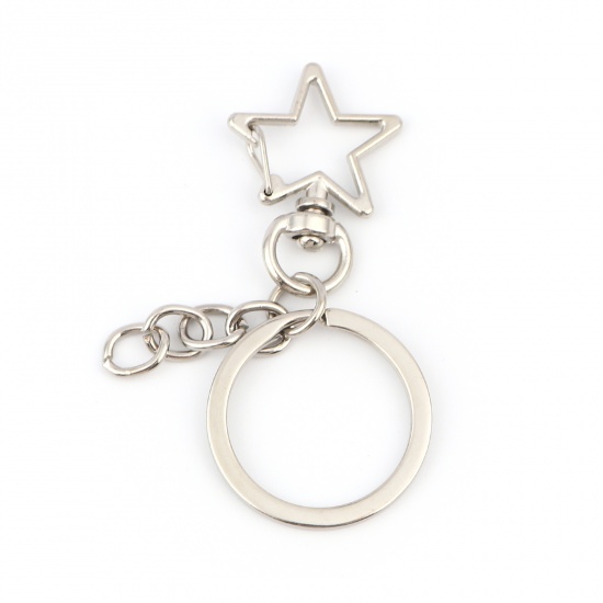 Picture of Zinc Based Alloy Keychain & Keyring Silver Tone Circle Ring Pentagram Star 6.8cm, 10 Sets ( 3 PCs/Set)