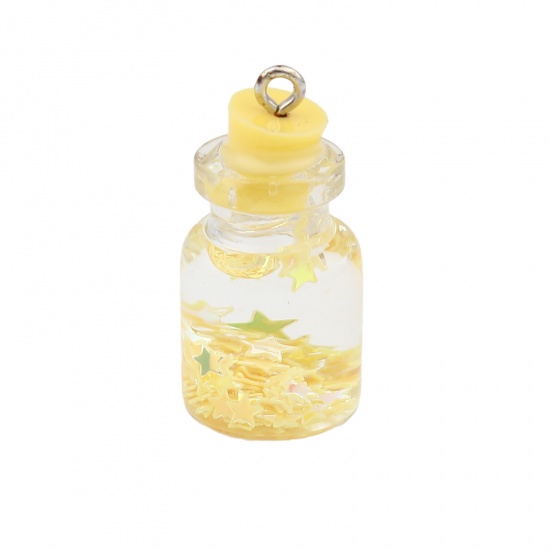 Bild von Glass Charms Bottle Star Yellow Sequins (Contain Liquid)29mm x 15mm, 5 PCs