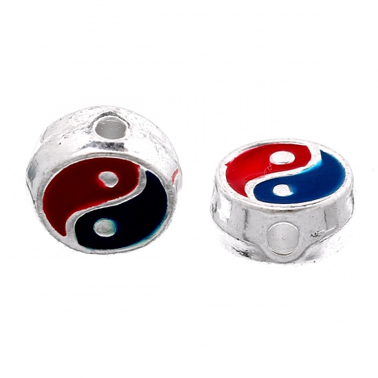Picture of Zinc Based Alloy Spacer Beads Flat Round Silver Plated Yin Yang Symbol Blue & Red Enamel About 7mm Dia, Hole:Approx 1.4mm, 10 PCs