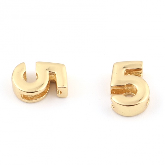 Picture of Brass Beads Number Gold Plated Message " 5 " About 9mm x 7mm, Hole: Approx 6.9mm x 1.5mm, 2 PCs                                                                                                                                                               