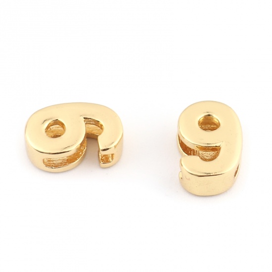 Picture of Brass Beads Number Gold Plated Message " 9 " About 10mm x 7mm, Hole: Approx 6.9mm x 1.5mm, 2 PCs                                                                                                                                                              