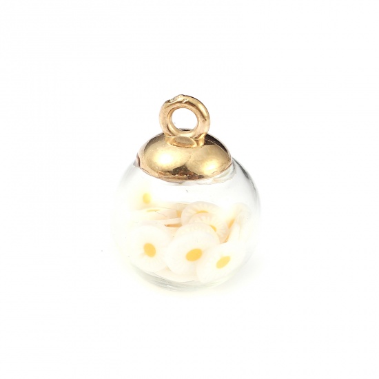 Picture of Polymer Clay & Glass Charms Round Daisy Flower Creamy-White Transparent 22mm x 16mm, 10 PCs