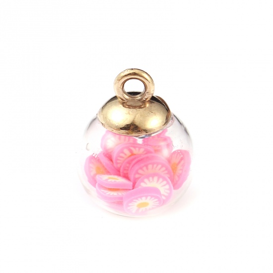 Picture of Polymer Clay & Glass Charms Round Daisy Flower Pink Transparent 22mm x 16mm, 10 PCs