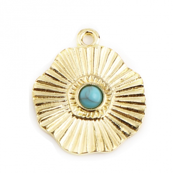 Picture of Zinc Based Alloy & Acrylic Charms Flower Gold Plated Blue Stripe 22mm x 19mm, 10 PCs