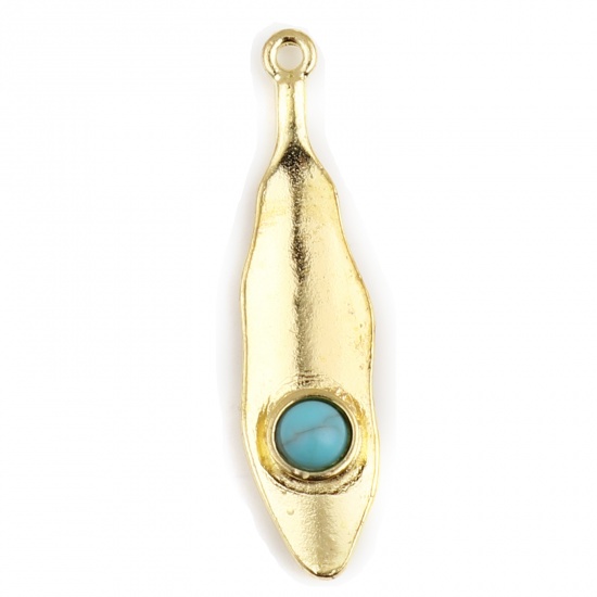 Picture of Zinc Based Alloy & Acrylic Pendants Feather Gold Plated Blue 39mm x 10mm, 10 PCs