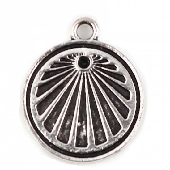 Picture of Zinc Based Alloy Charms Round Antique Silver Color Stripe 21mm x 18mm, 10 PCs